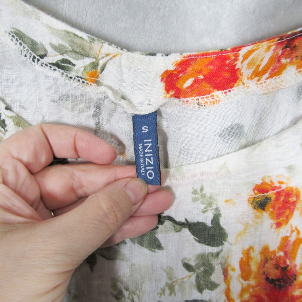 Inizio Womens Small Linen Floral Top 3/4 Sleeve Made in Italy White Orange Green - Picture 3 of 9